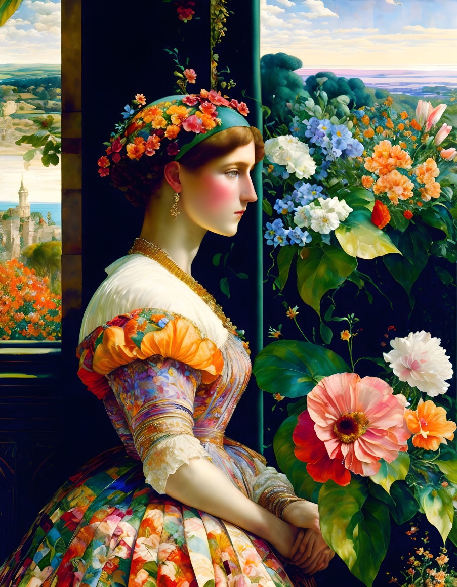 Portrait of Woman in Floral Dress and Headdress with Scenic Landscape