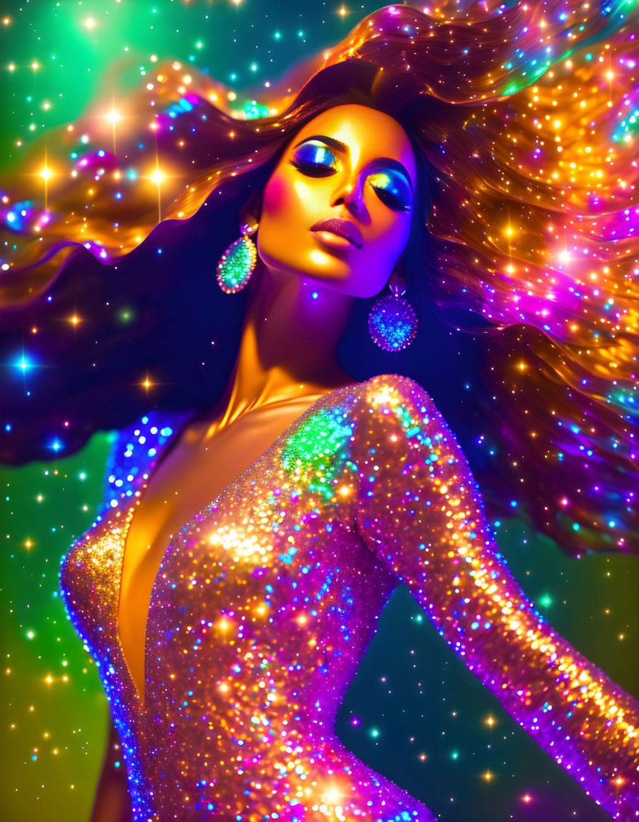 Sparkling woman with sequined skin and vibrant hair against starry backdrop