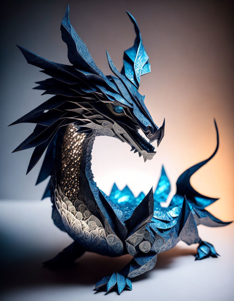 Blue origami dragon with intricate patterns on gradient background