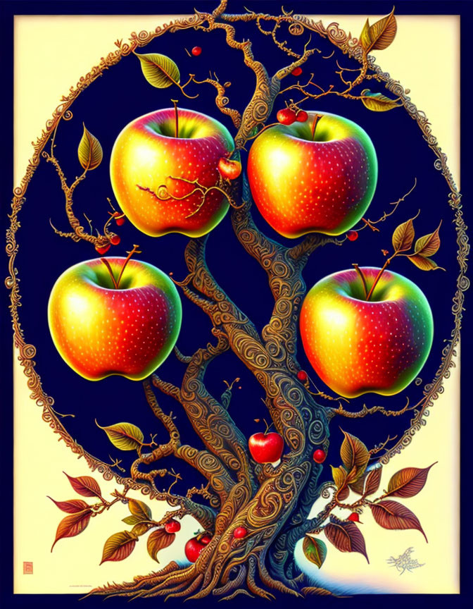 Colorful Tree Illustration with Ornate Branches and Shiny Apples