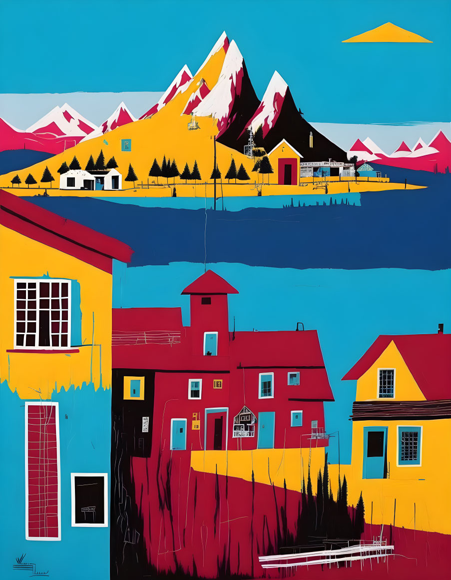 Colorful Landscape Painting with Houses, Lake, and Mountains