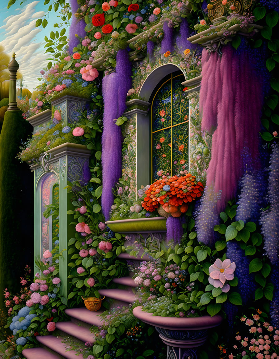 Vibrant garden scene with lush flowers and plants against ornate wall