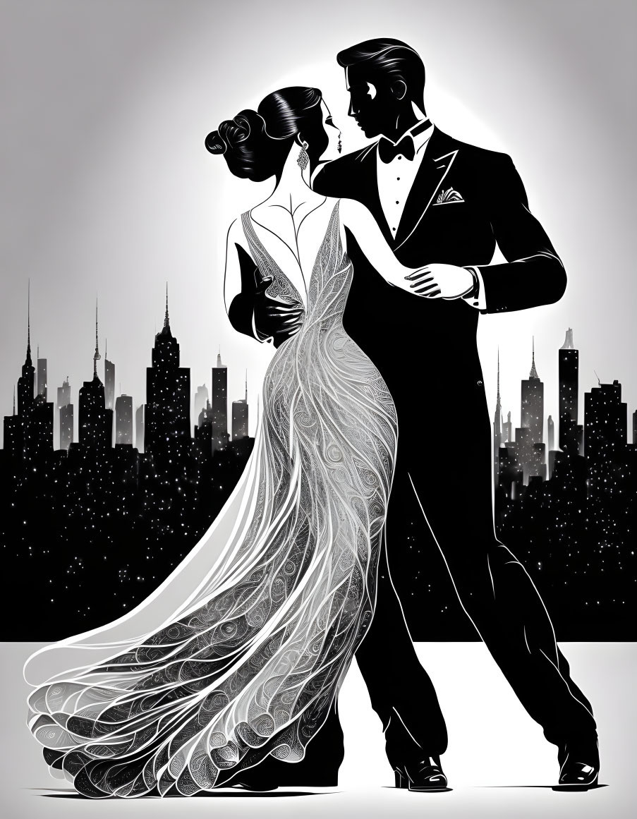 Elegant couple dancing in silhouette against city skyline