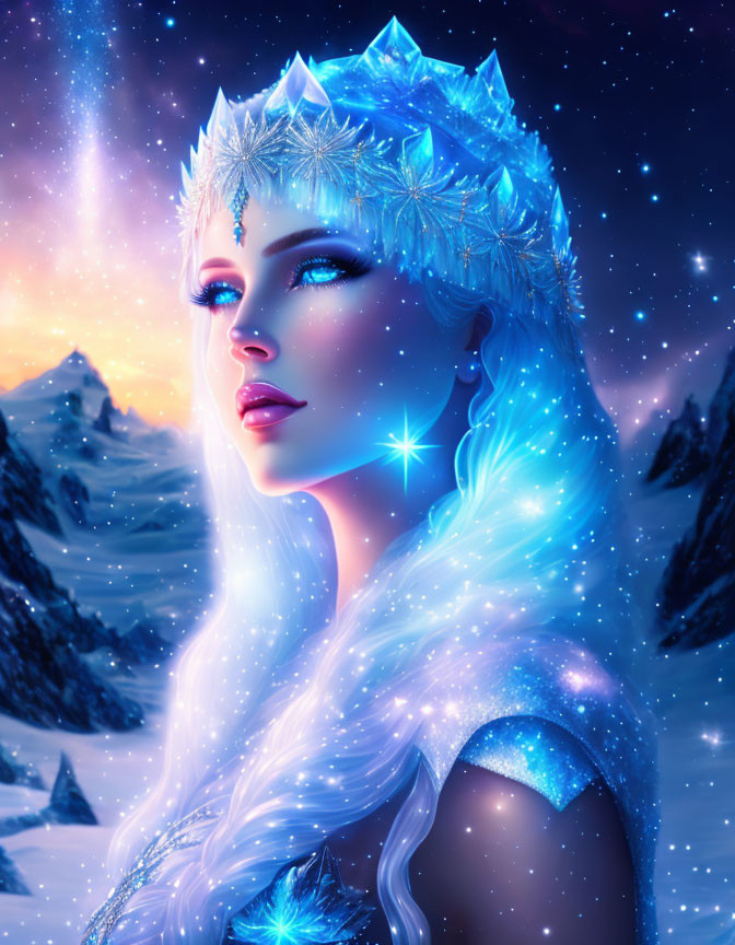 Sparkling ice queen with silver hair in snowy mountain scene