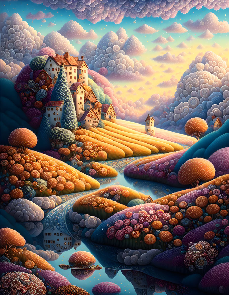 Colorful Landscape with Rolling Hills, River, and Fantastical Houses