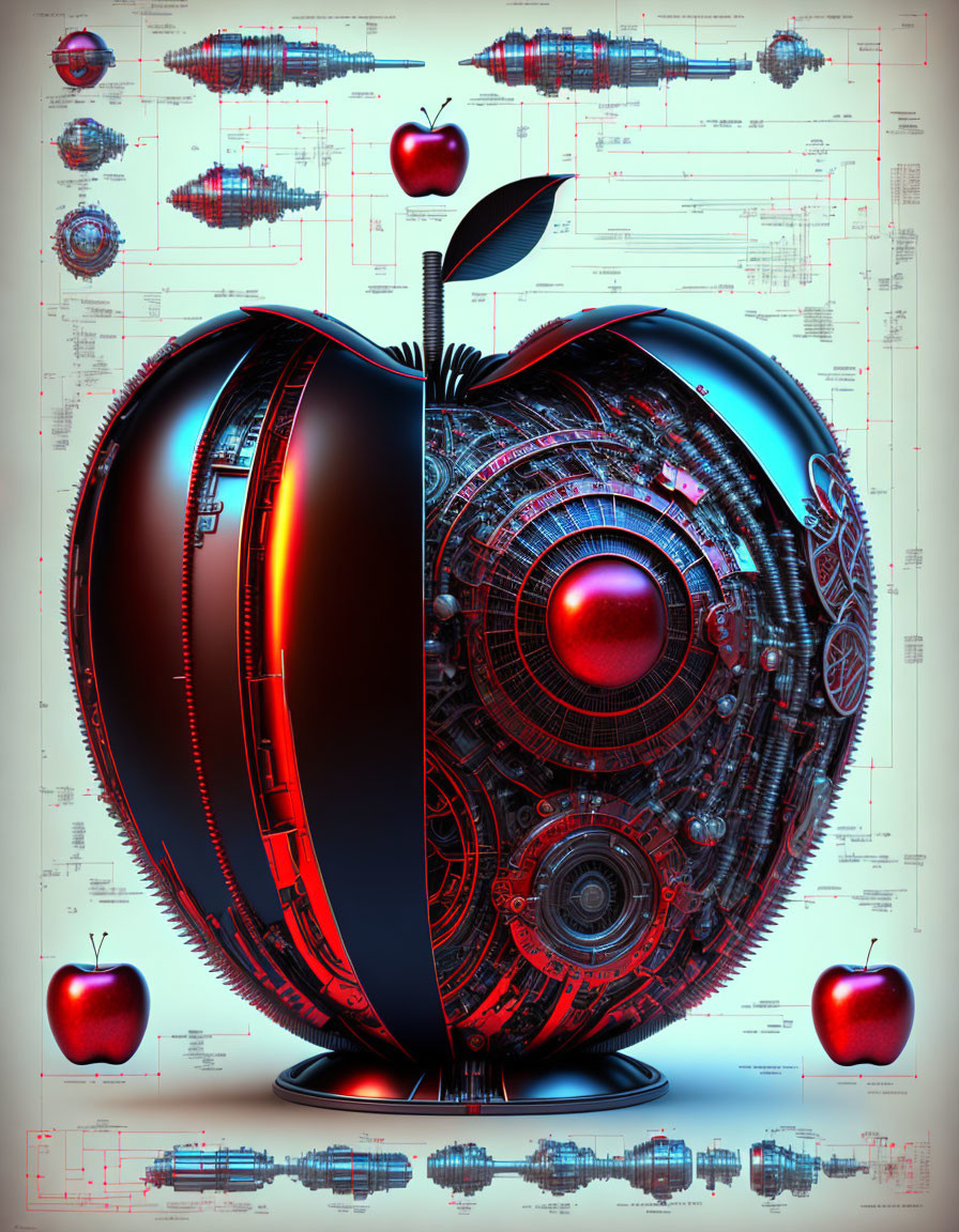 Mechanical apple concept art with cybernetic elements and blueprints