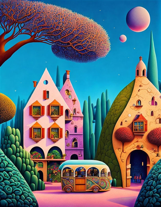 Surreal painting of colorful houses, tree, planet, and bus in alien landscape