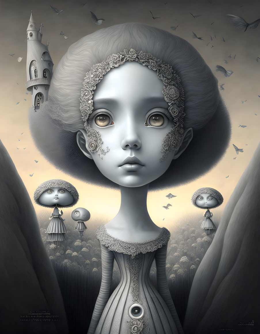 Surrealist portrait of girl with enlarged head in monochromatic landscape