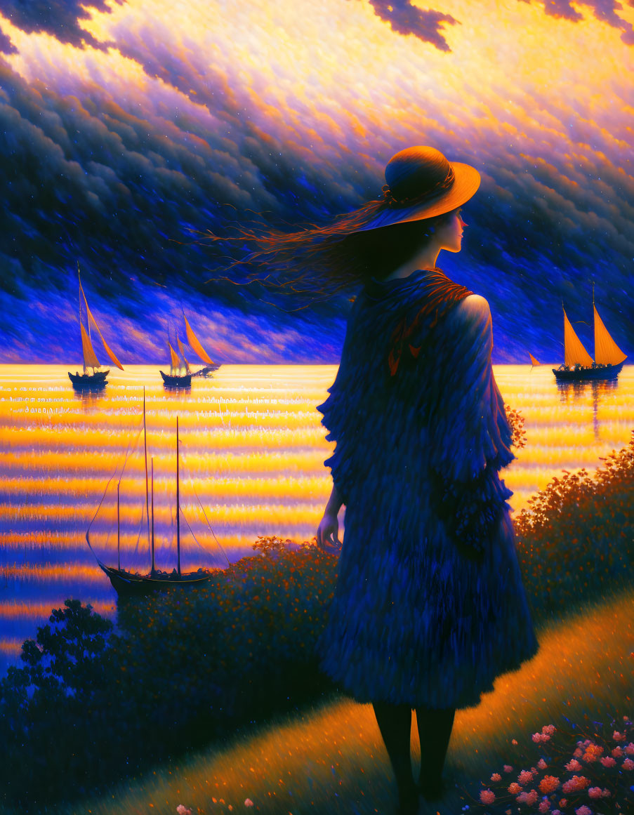 Woman in hat and fur coat admires golden sea with boats under vibrant sunset sky