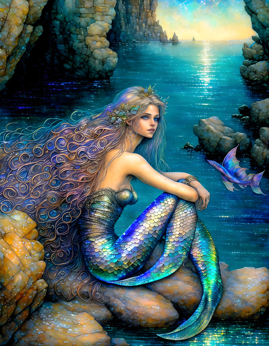 Colorful mermaid with fish tail on coastal rocks at sunset