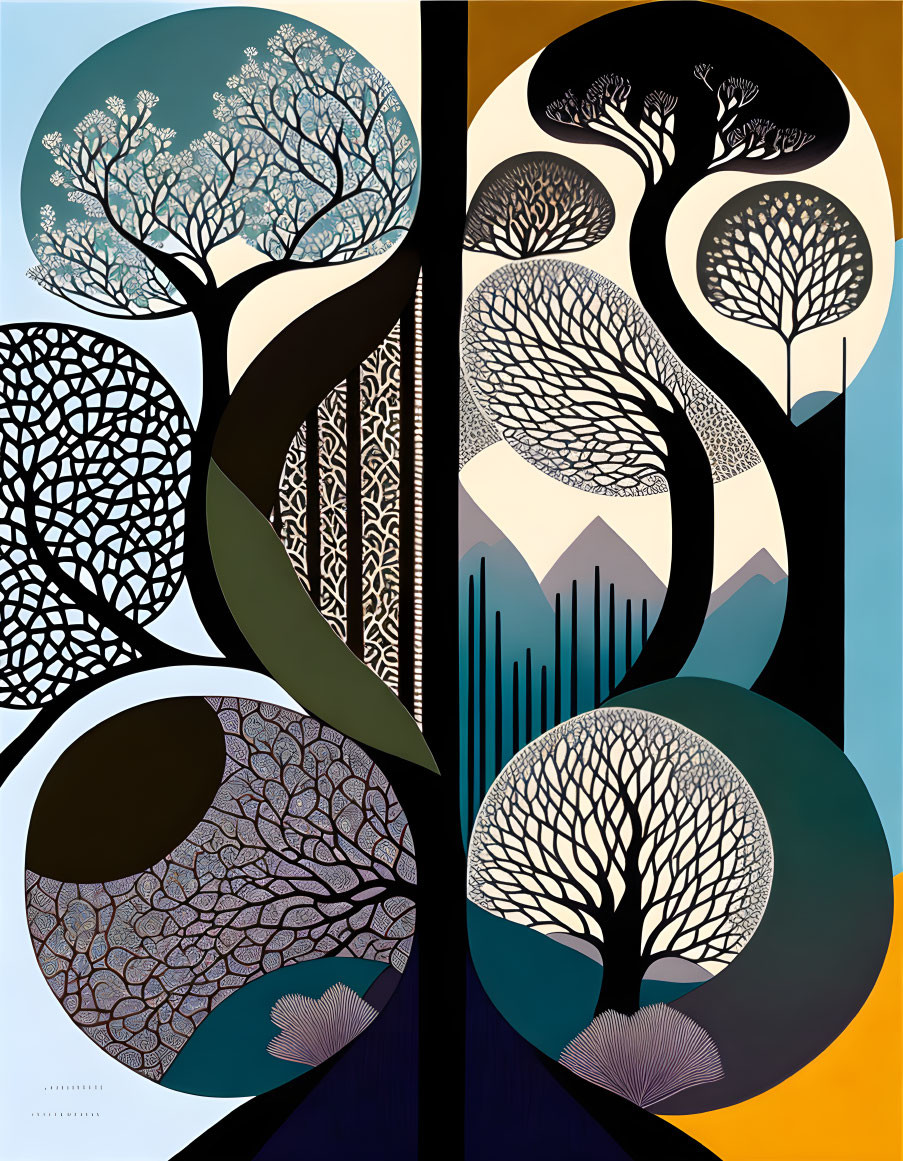 Abstract Art: Stylized Trees in Four Quadrants with Contrasting Color Palette