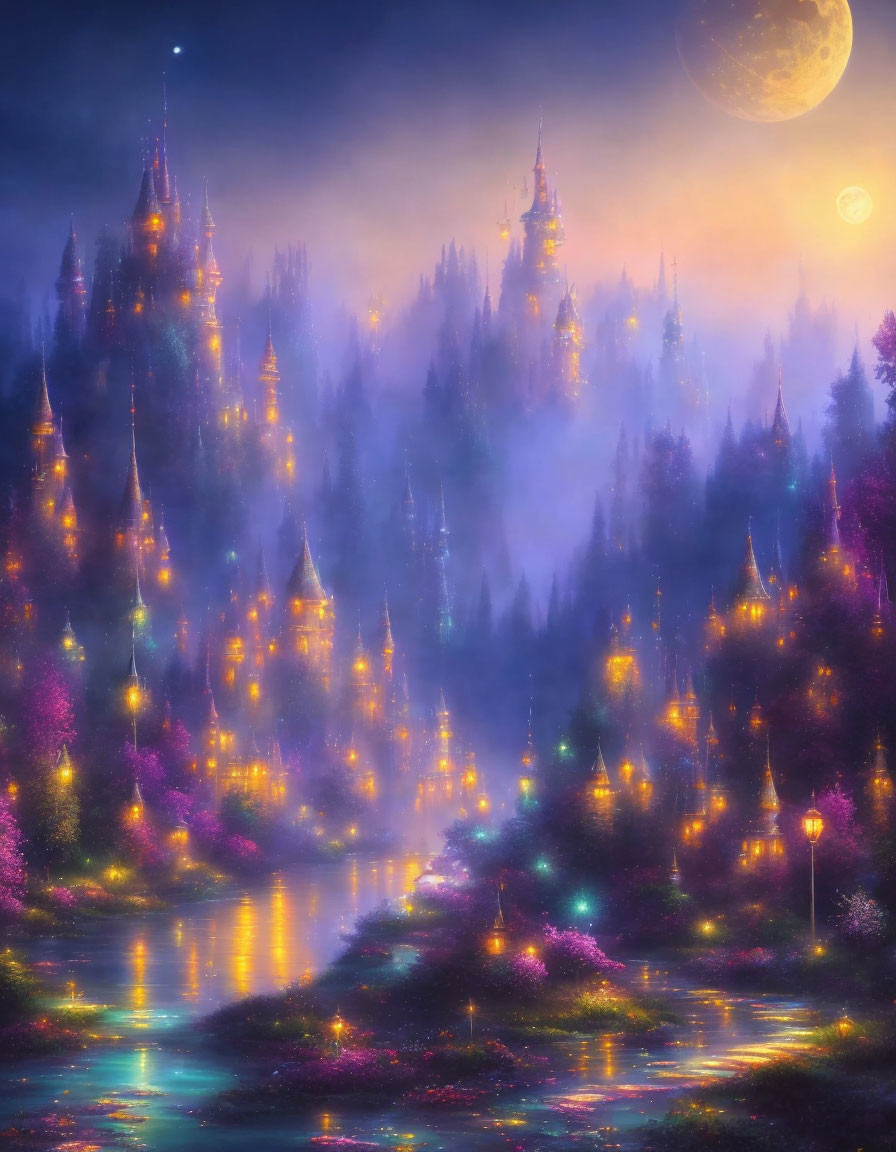 Fantasy landscape at night with glowing trees, foggy castles, river, lanterns, moon