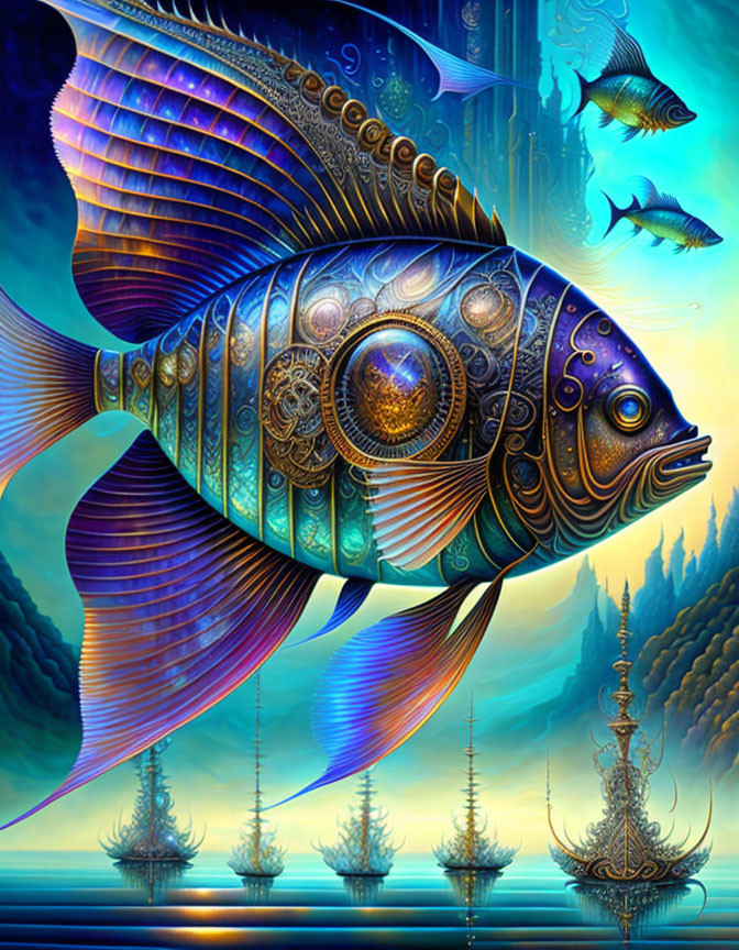 Colorful digital artwork: Mechanical fish with intricate patterns in underwater forest.