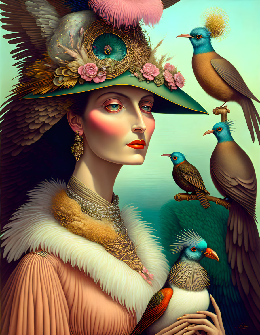 Colorful portrait of woman with intricate hat and vibrant birds