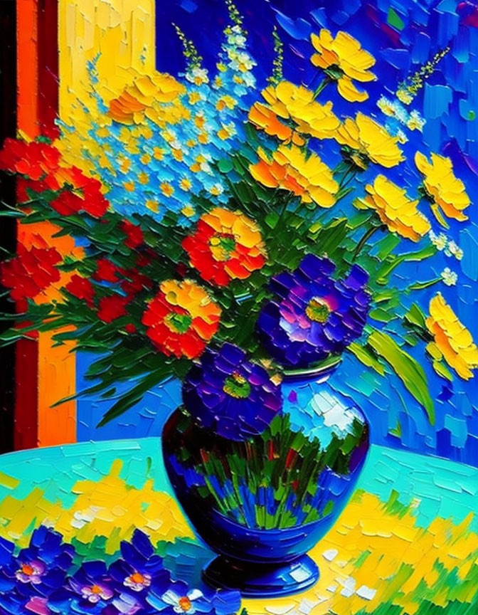 Colorful painting of blue vase & flowers on vibrant background