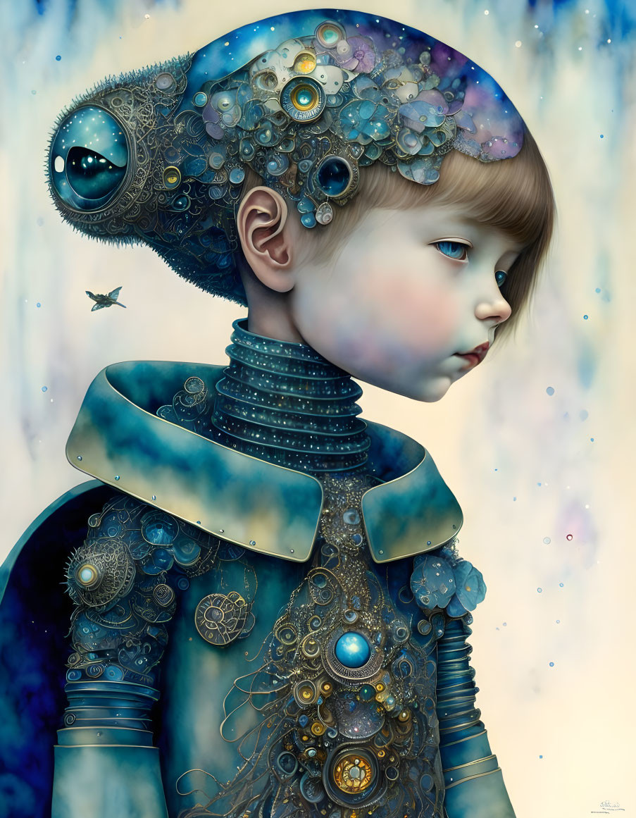 Surreal portrait of child with mechanical headpiece and ornate collar against dreamy blue backdrop