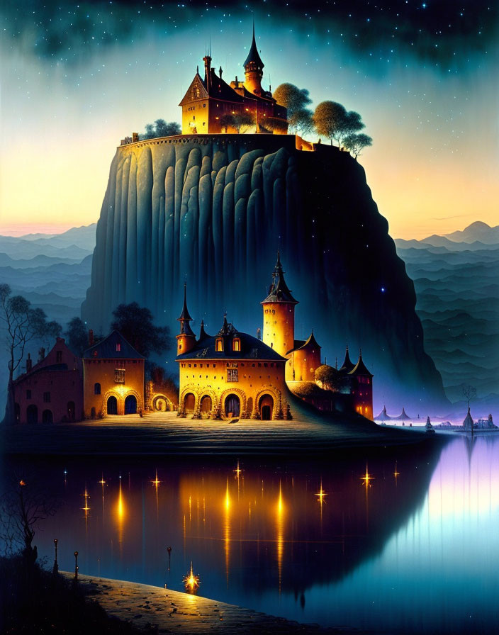 Fantastical castle on waterfall cliff under starry night sky