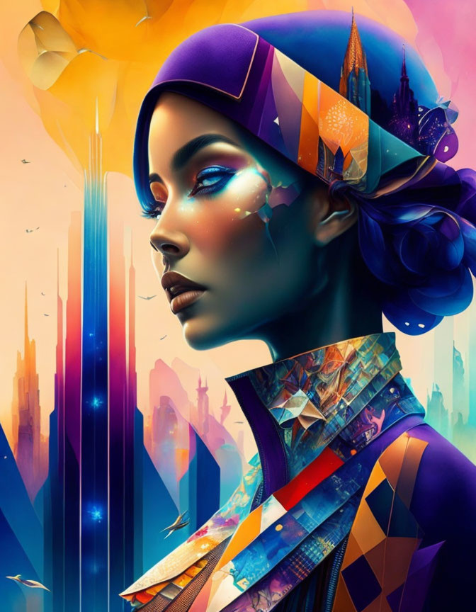 Colorful futuristic portrait of a woman with cosmic cityscape theme.