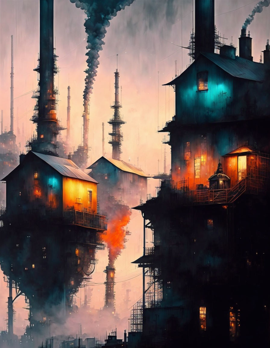 Dystopian cityscape artwork with illuminated buildings and industrial smokestacks in twilight.