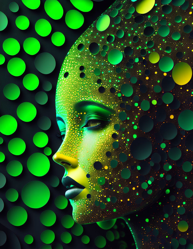 Digital artwork: Female face profile with green skin, circular patterns, and glowing yellow dots