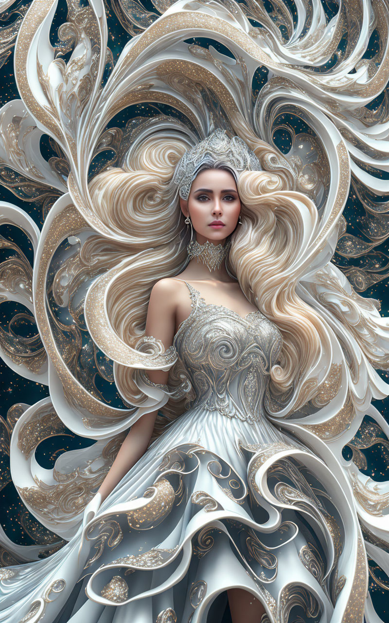 Intricate Artwork of Queen with Flowing Hair and Ornate Swirls