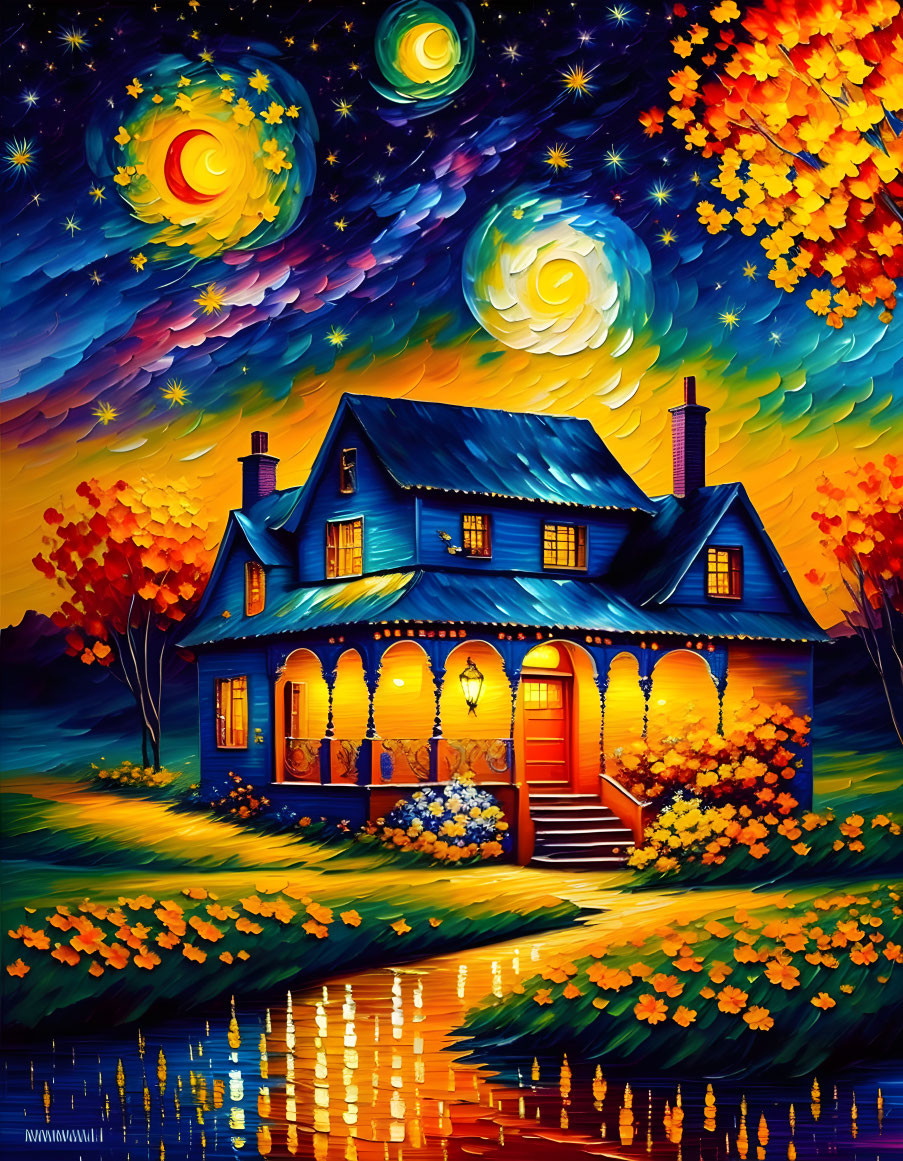 Autumnal landscape with illuminated blue house and starry sky