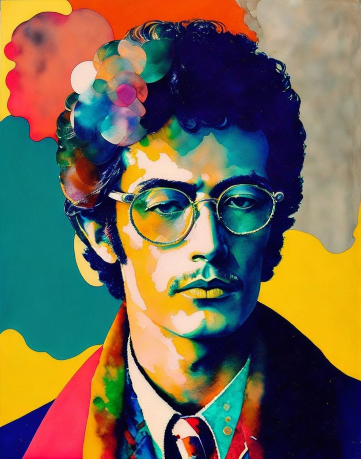 Colorful portrait of man with curly hair and glasses on vibrant, psychedelic background.