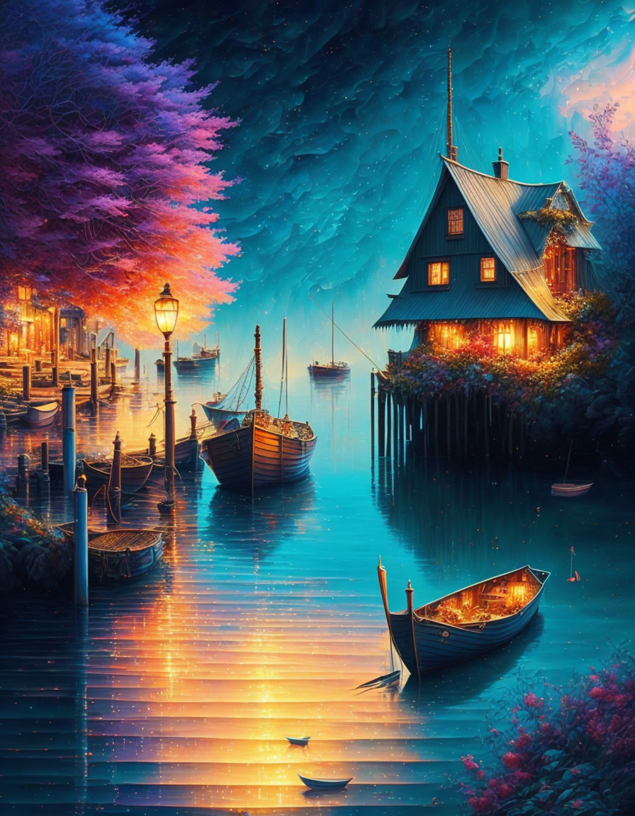 Tranquil riverside night view with illuminated house, moored boats, wooden dock, and star