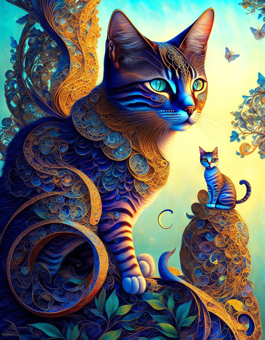 Colorful illustration of two patterned cats on ornamental backdrop.