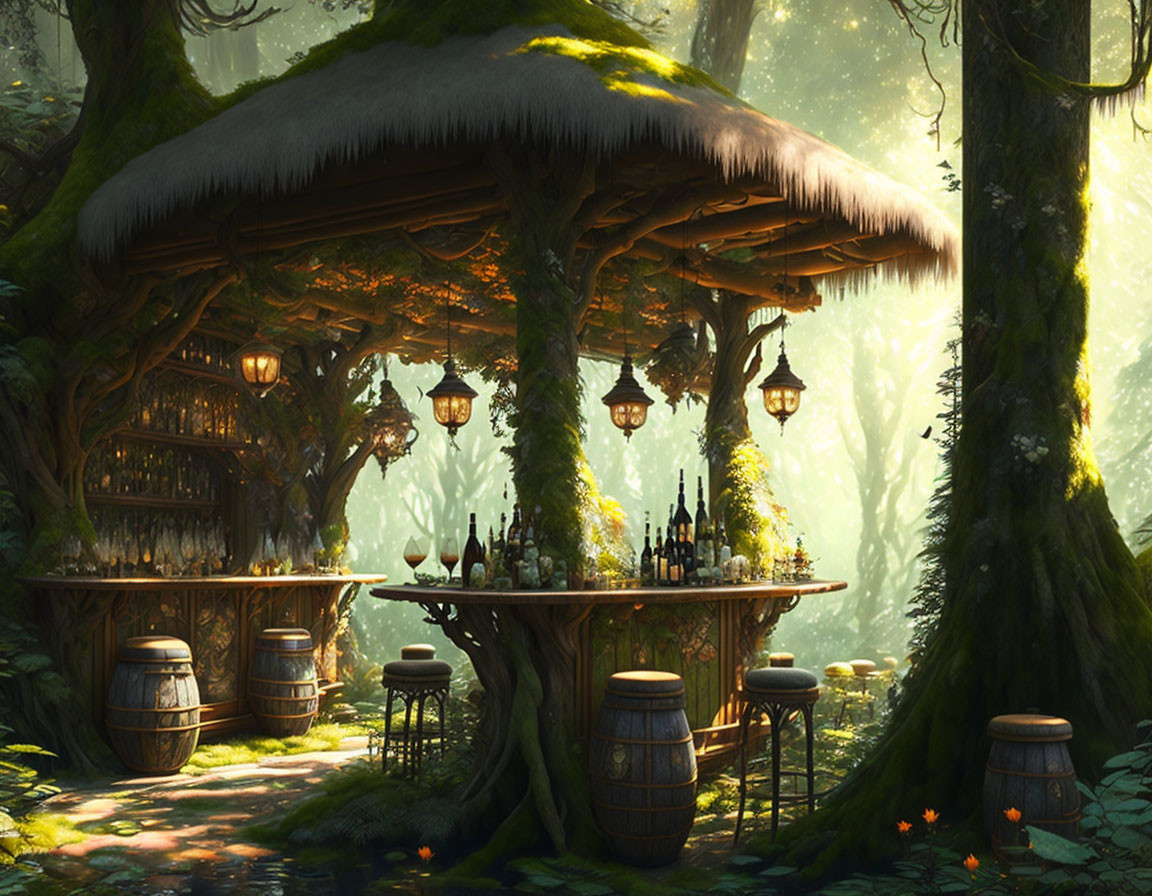 Forest tavern in large mushroom with wooden stools, barrels, glowing bottles in mystical green-lit woods