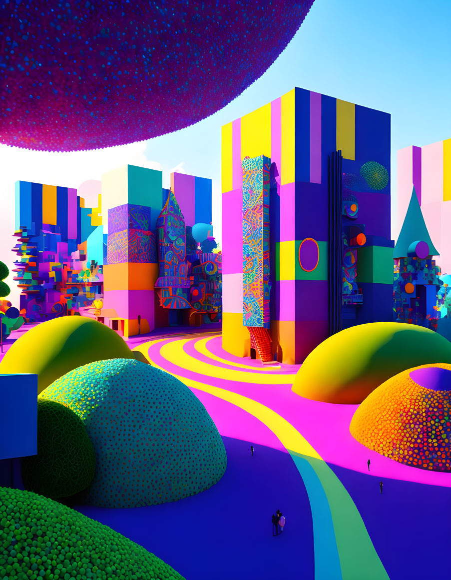 Colorful Geometric Cityscape with Pink Sky and Tiny Figure