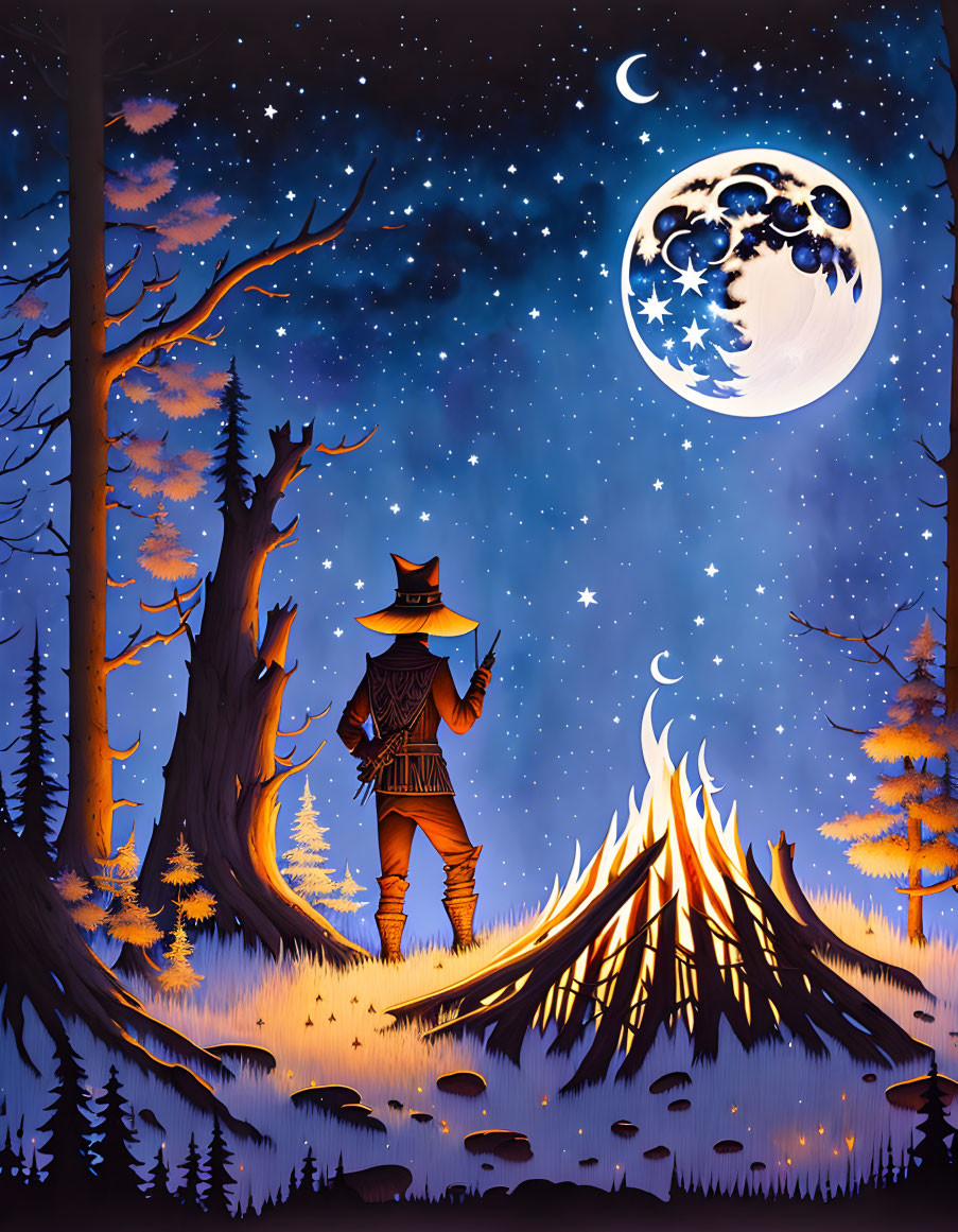 Illustration of person by campfire under starry sky