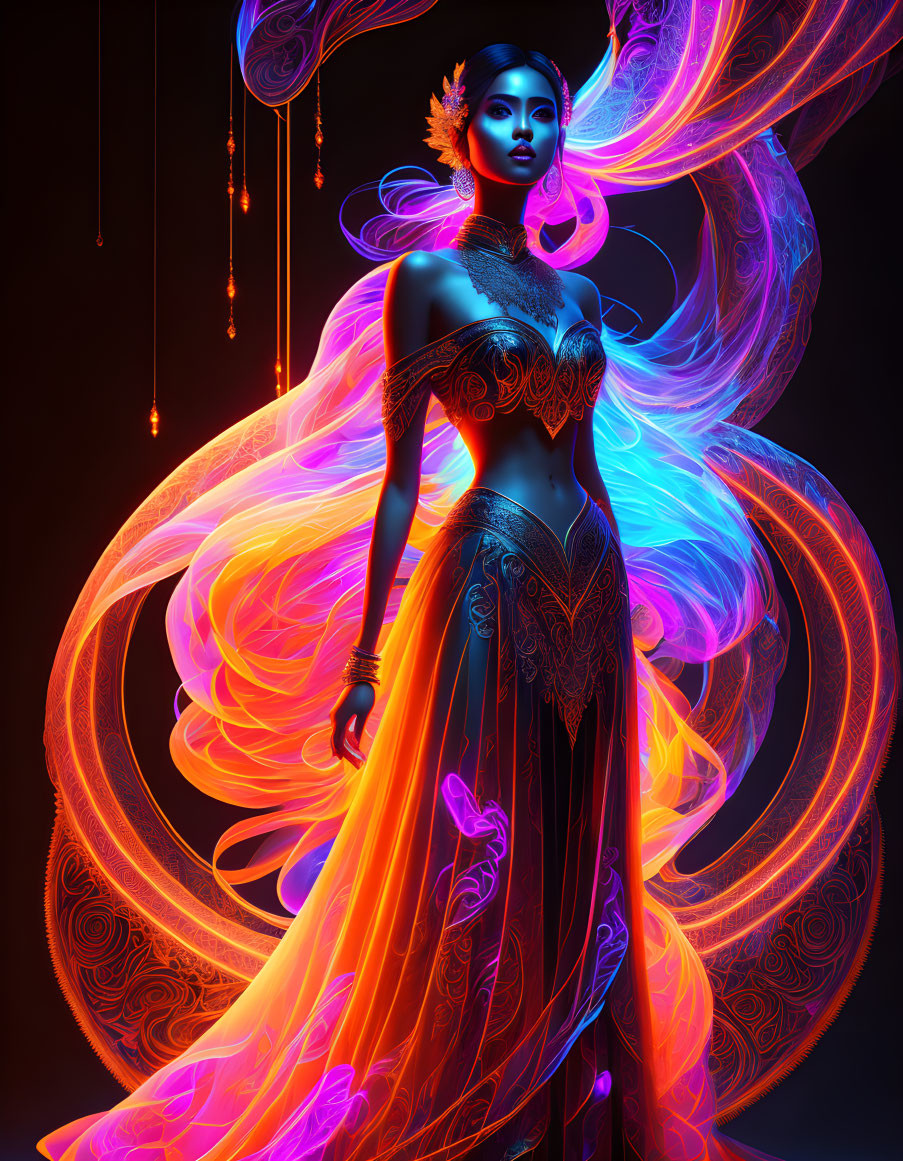 Colorful digital artwork: Woman in neon garments on dark background