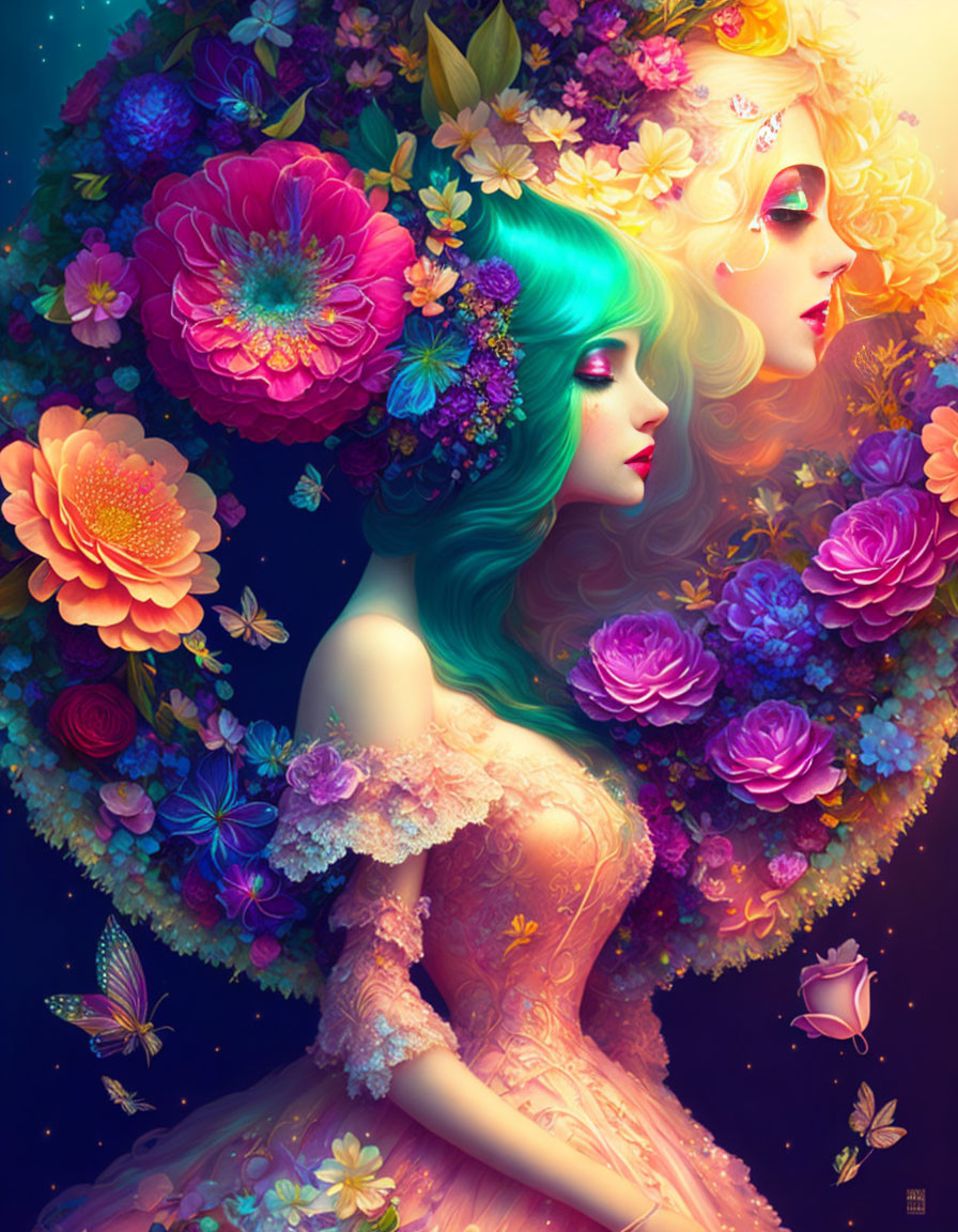 Vibrant floral hair and dresses on two women in colorful nature scene