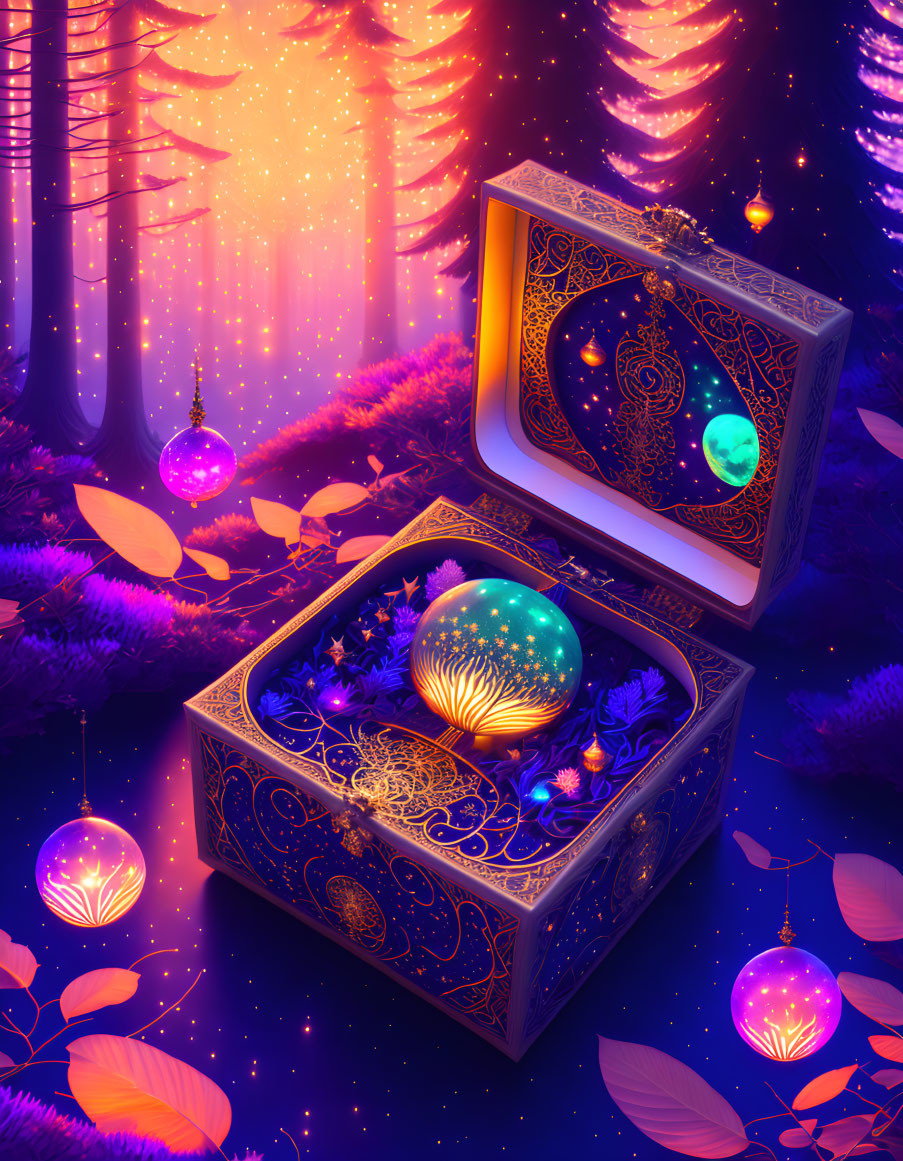 Mystical open box in forest glows with ornate sphere and floating lanterns amid purple trees