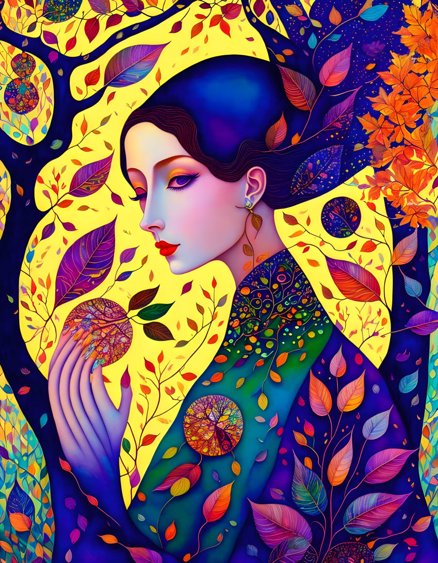 Colorful autumnal foliage woman illustration with intricate patterns.