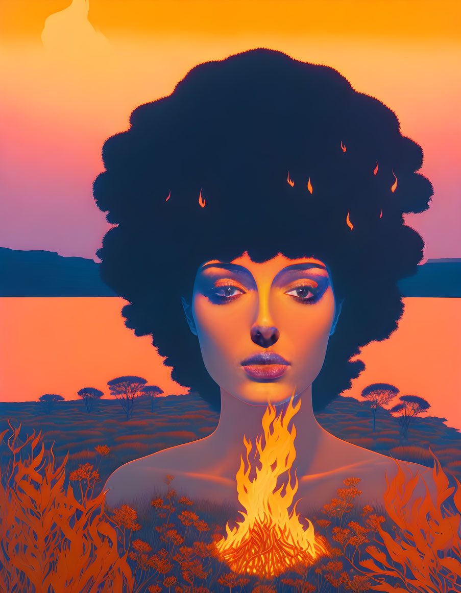 Digital portrait: Woman with afro on fire in African savannah sunset