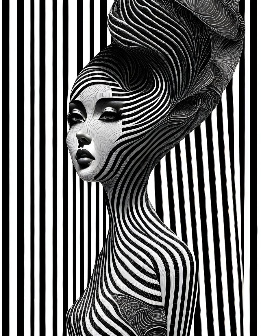 Monochrome profile of a woman with swirling patterns on striped backdrop