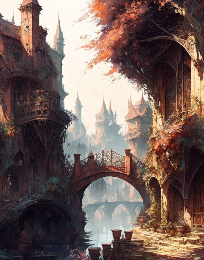 Medieval fantasy landscape with stone bridge and autumn trees