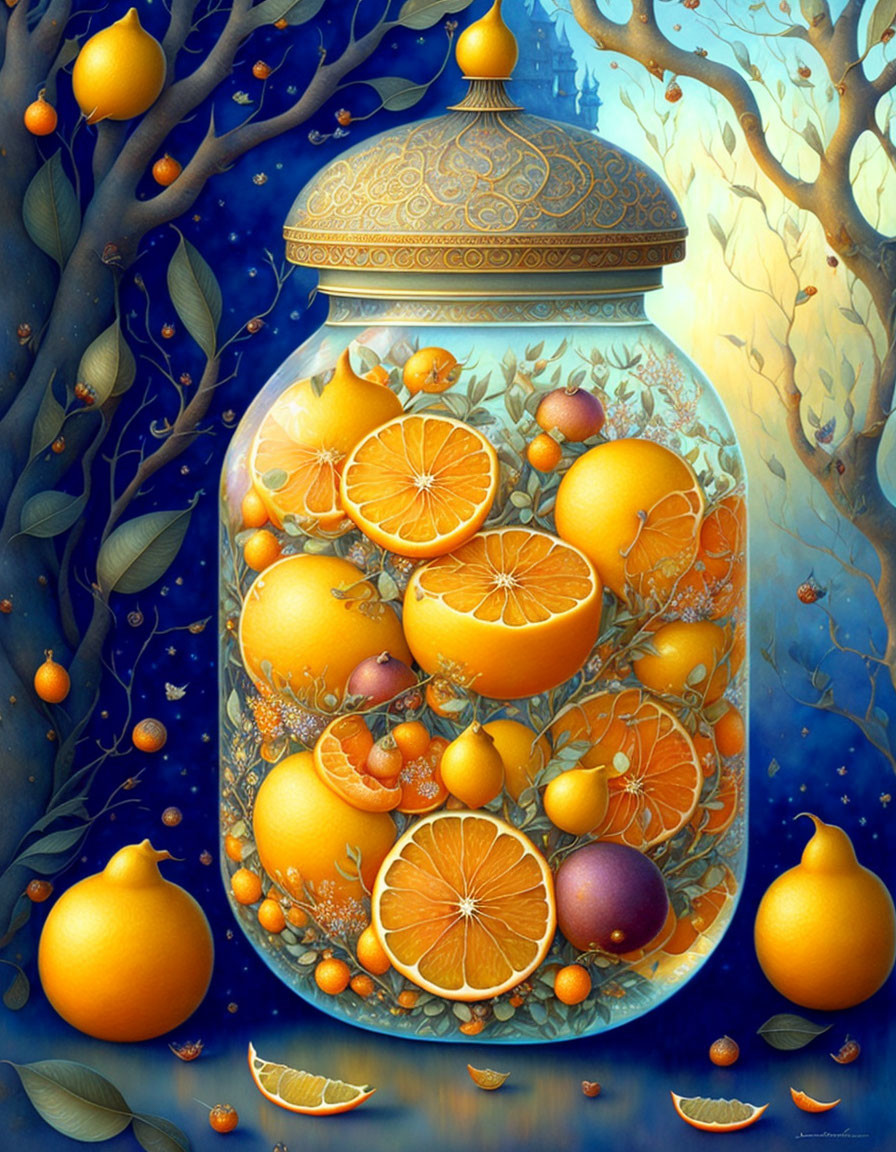 Colorful Illustration: Glass Jar with Oranges in Forest Setting