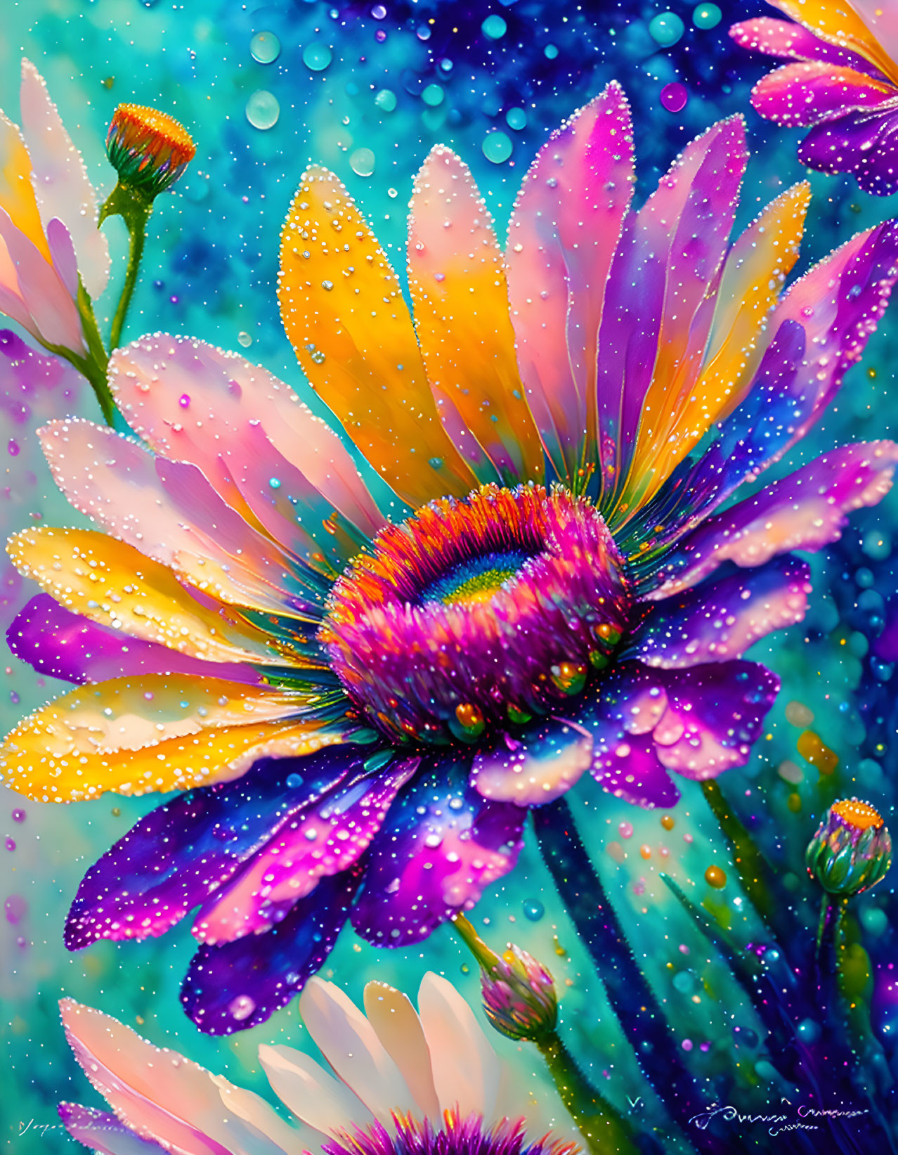 Colorful close-up painting: Purple and yellow daisy with water droplets on bokeh background.