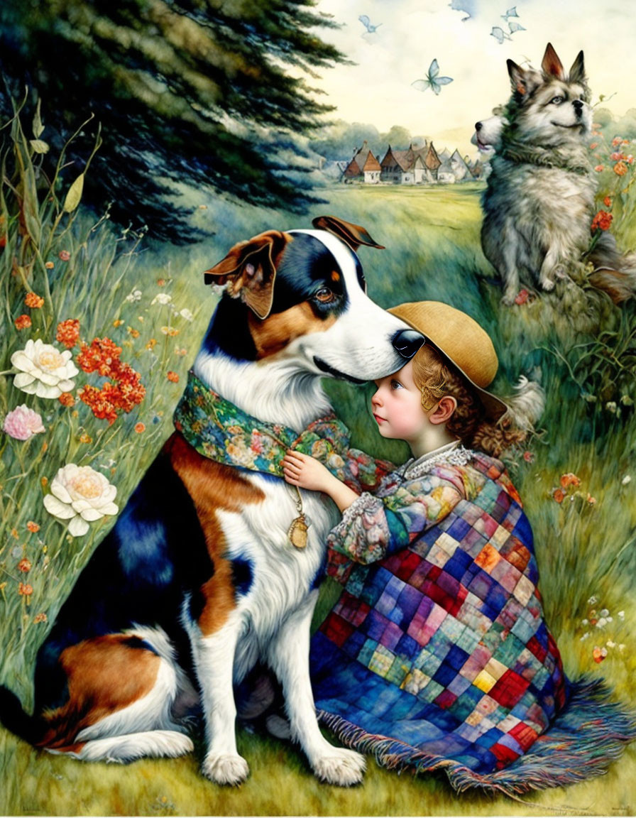 Young girl with hat hugging large dog in pastoral setting with cat and cottage.