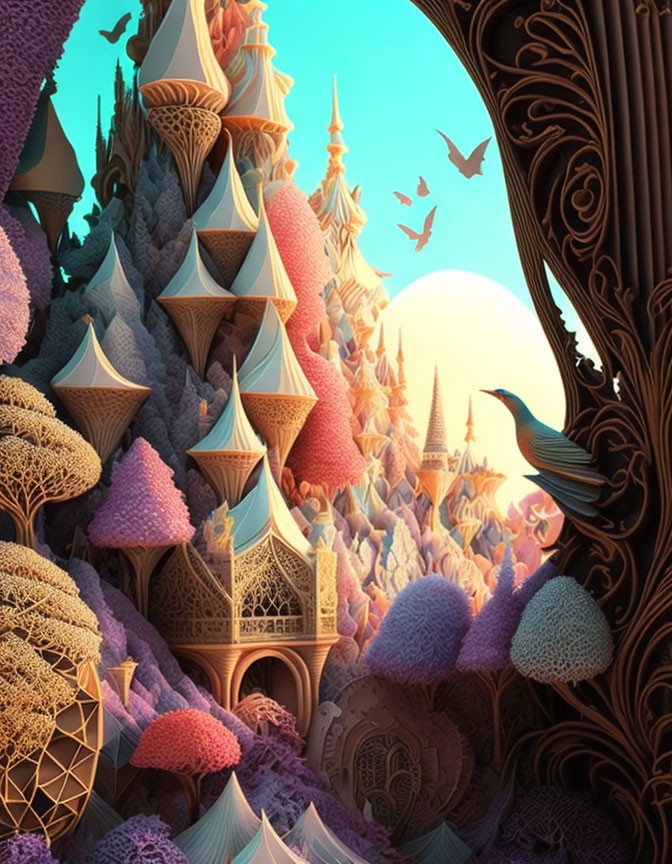 Vibrant ornate spires in fantastical landscape with birds and sun
