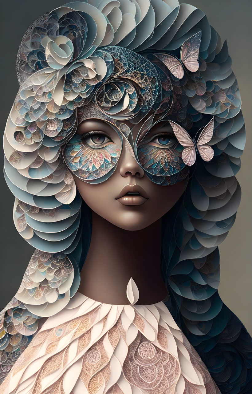 Digital artwork featuring woman with intricate hairdo and lace mask