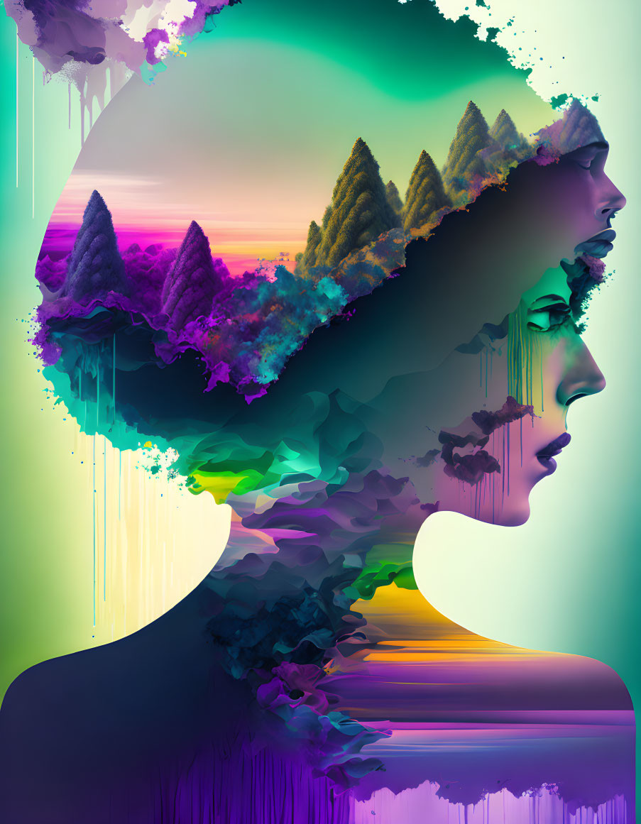 Vibrant landscape merges with silhouette in surreal portrait