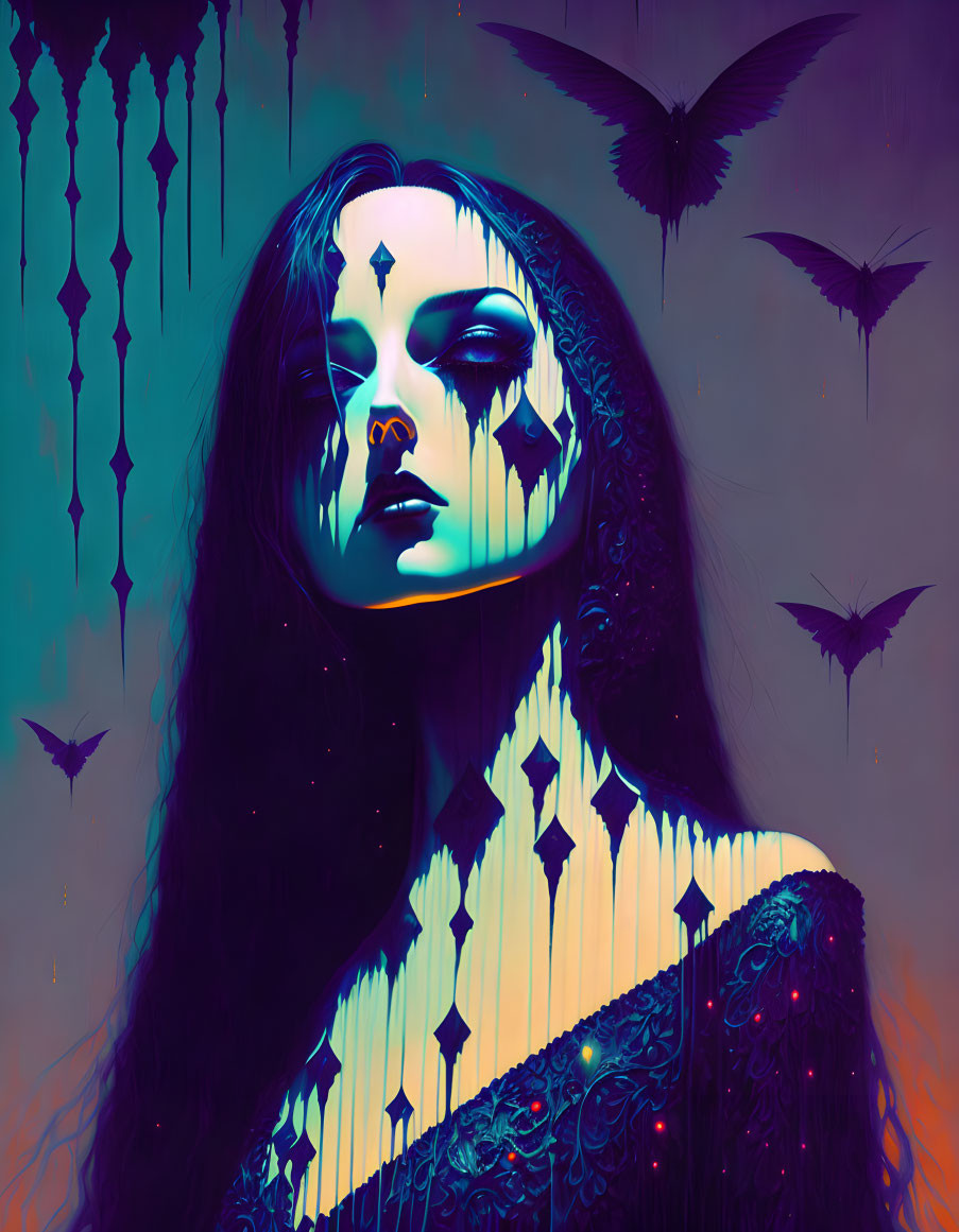 Surreal portrait of woman with closed eyes in vibrant blue and purple tones