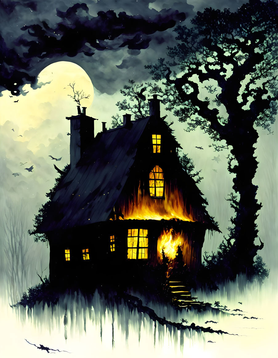 Spooky house with glowing windows in misty moonlit landscape