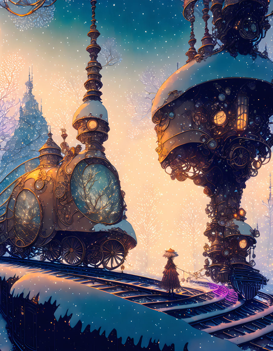 Person beside ornate steampunk train in snowy twilight.