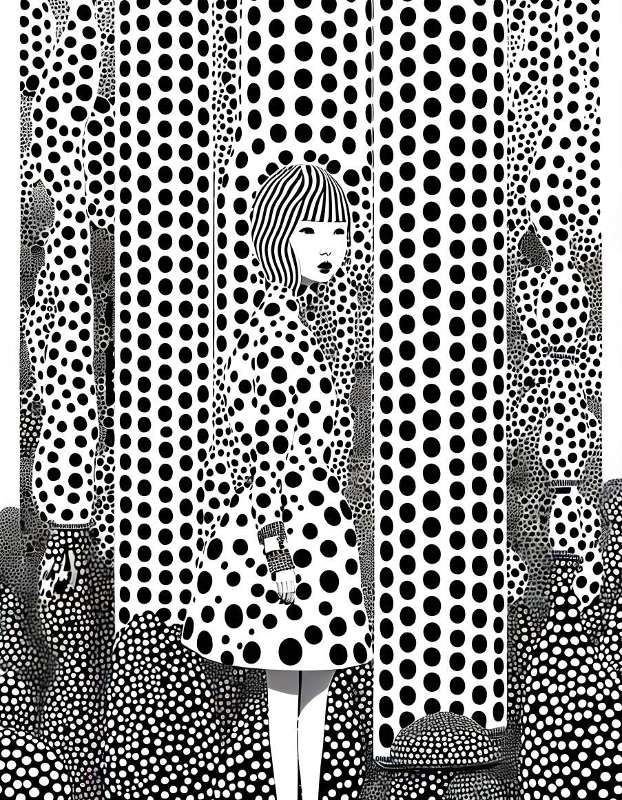 Monochrome illustration of woman in polka dot dress on patterned background