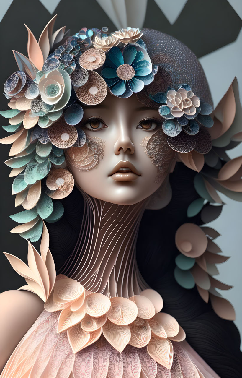 Ethereal surreal artwork featuring woman with floral motifs in muted blues, pinks, and beiges